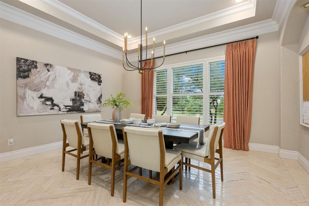 Dining room, Interior, Pendant Lights, Recessed Lighting, Wood Texture Flooring