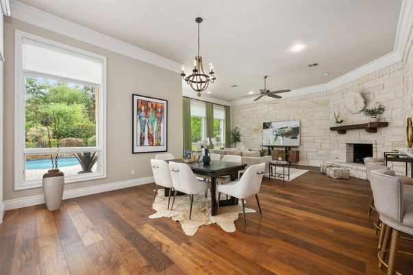 Chandelier, Dining room, Interior, Recessed Lighting, Stone Walls, Wood Texture Flooring