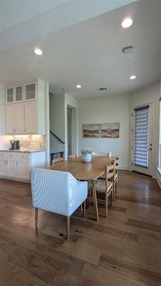 Dining room, Interior, Recessed Lighting, Wood Texture Flooring