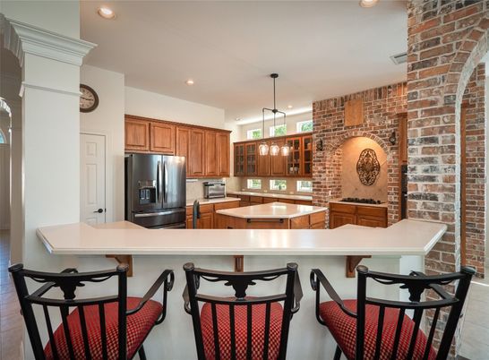 Interior, Kitchen, Pendant Lights, Recessed Lighting, Stainless Steel Appliances, Stone Walls