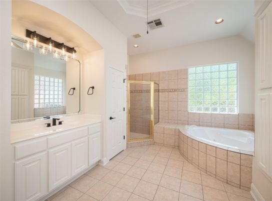 Bathroom, Dual Sink Vanities, Glass Shower, Interior, Recessed Lighting