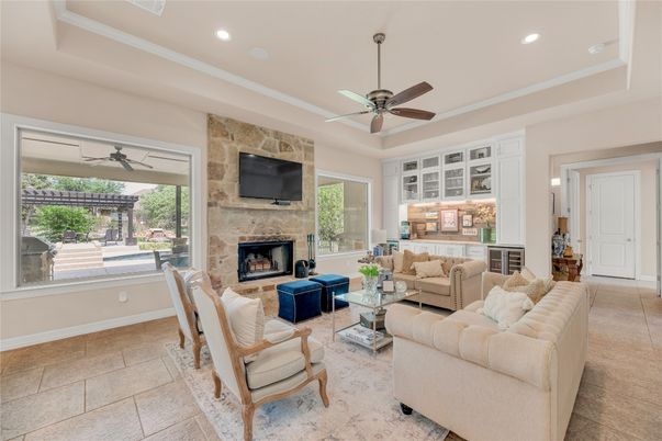 Fireplace, Interior, Living room, Recessed Lighting, Stone Walls