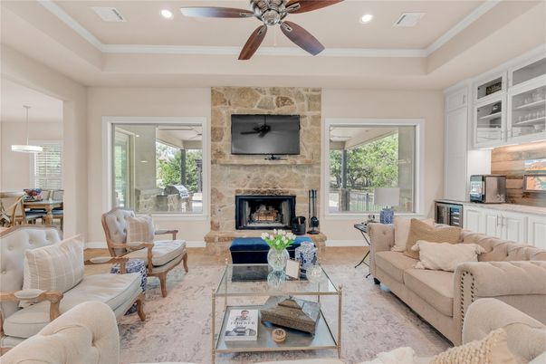 Fireplace, Interior, Living room, Pendant Lights, Recessed Lighting, Stone Walls