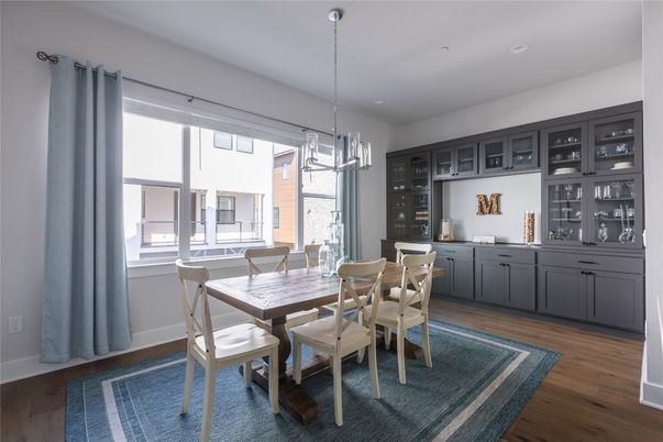 Dining room, Interior, Pendant Lights, Recessed Lighting, Wood Texture Flooring