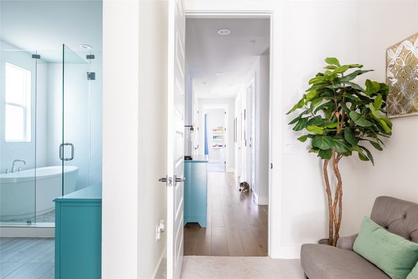 Bathroom, Glass Shower, Interior, Recessed Lighting, Wood Texture Flooring