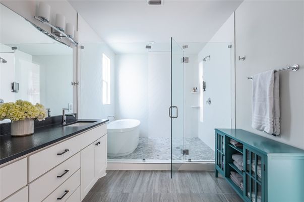 Bathroom, Dual Sink Vanities, Free Standing Baths, Glass Shower, Interior, Wood Texture Flooring