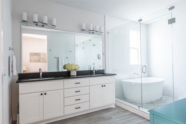 Bathroom, Dual Sink Vanities, Free Standing Baths, Glass Shower, Interior, Wood Texture Flooring