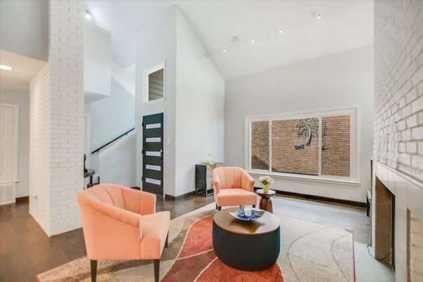 Interior, Living room, Recessed Lighting, Stone Walls, Wood Texture Flooring