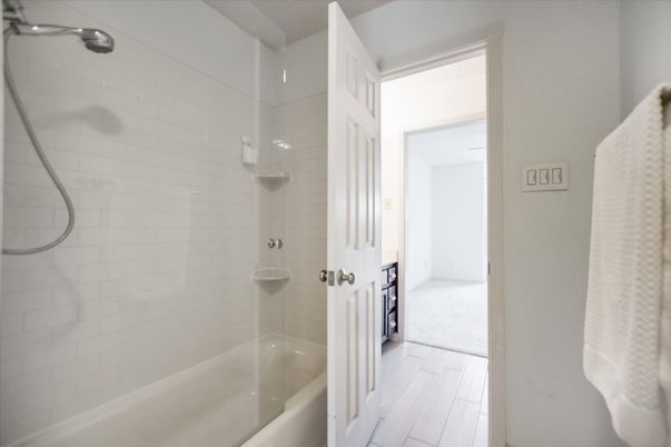 Bathroom, Glass Shower, Interior, Wood Texture Flooring