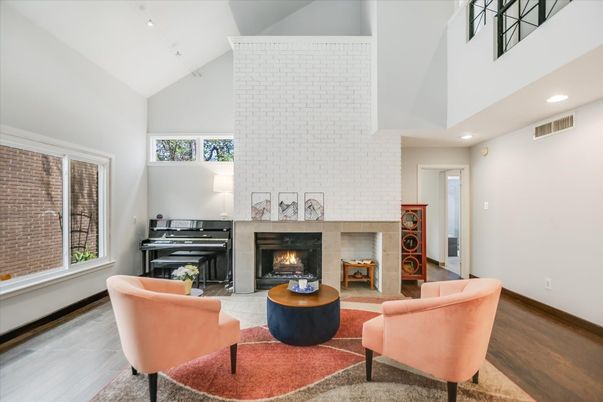 Fireplace, Interior, Living room, Piano, Recessed Lighting, Wood Texture Flooring