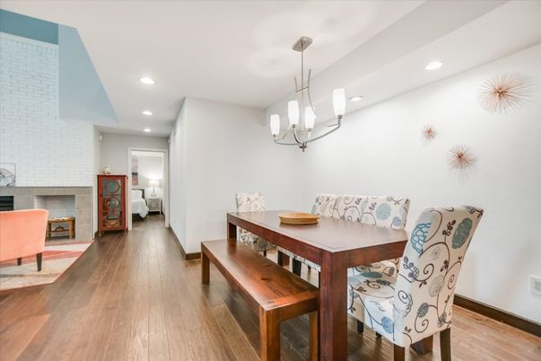 Dining room, Fireplace, Interior, Pendant Lights, Recessed Lighting, Wood Texture Flooring