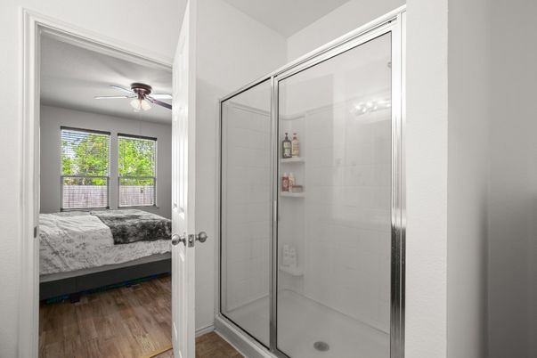Bathroom, Bedroom, Glass Shower, Interior, Wood Texture Flooring