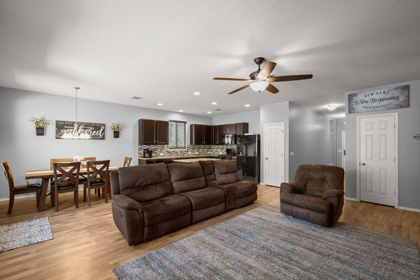Dining room, Interior, Kitchen, Living room, Pendant Lights, Recessed Lighting, Stainless Steel Appliances, Wood Texture Flooring