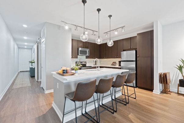 Interior, Kitchen, Pendant Lights, Recessed Lighting, Stainless Steel Appliances, Wood Texture Flooring