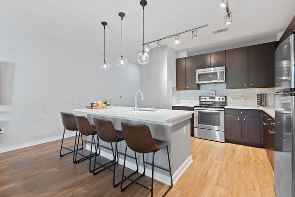 Interior, Kitchen, Pendant Lights, Stainless Steel Appliances, Wood Texture Flooring