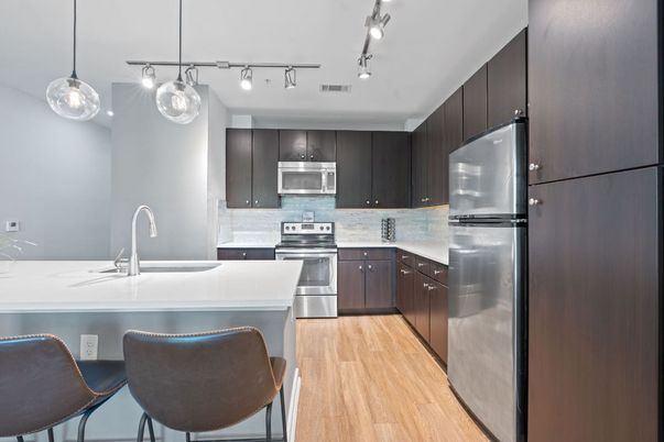 Interior, Kitchen, Pendant Lights, Stainless Steel Appliances, Wood Texture Flooring
