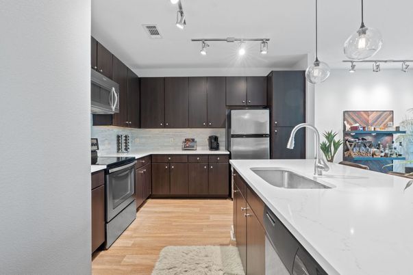 Interior, Kitchen, Pendant Lights, Stainless Steel Appliances, Wood Texture Flooring