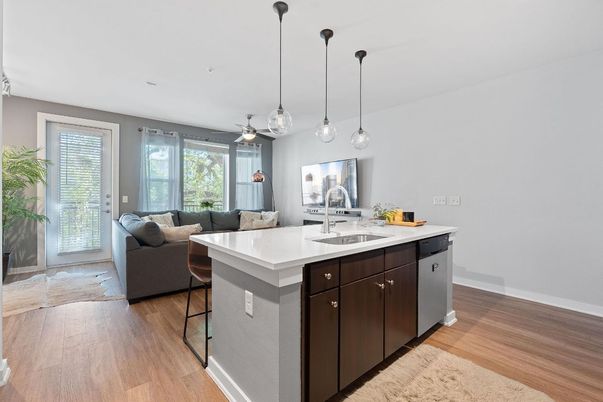 Interior, Kitchen, Living room, Pendant Lights, Recessed Lighting, Wood Texture Flooring