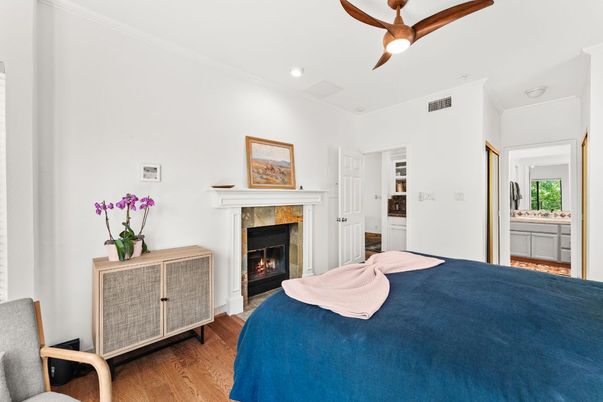Bedroom, Fireplace, Interior, Recessed Lighting, Wood Texture Flooring