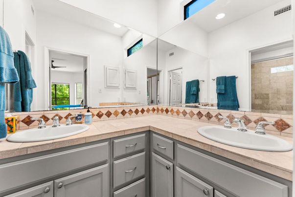 Bathroom, Dual Sink Vanities, Interior, Recessed Lighting, Tile Countertops