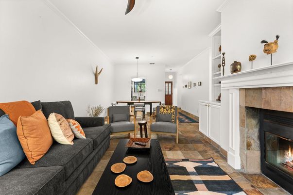 Dining room, Fireplace, Interior, Living room, Pendant Lights