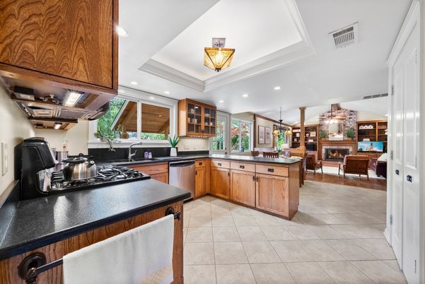 Fireplace, Interior, Kitchen, Living room, Recessed Lighting, Stainless Steel Appliances