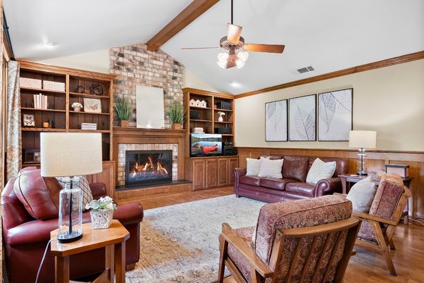 Fireplace, Interior, Living room, Recessed Lighting, Stone Walls, Wooden Beams, Wood Texture Flooring