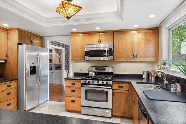 Interior, Kitchen, Recessed Lighting, Stainless Steel Appliances, Wood Texture Flooring