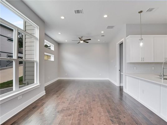 Empty room, Interior, Pendant Lights, Recessed Lighting, Wood Texture Flooring