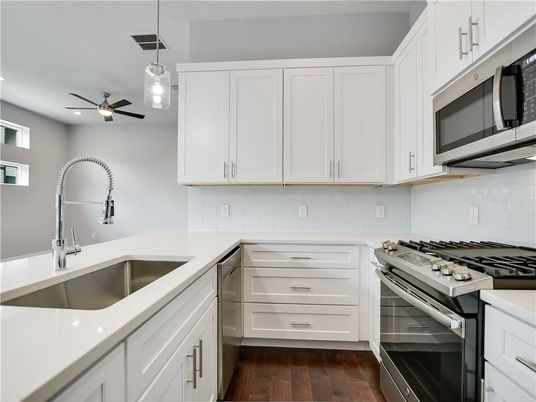 Interior, Kitchen, Pendant Lights, Recessed Lighting, Stainless Steel Appliances, Wood Texture Flooring