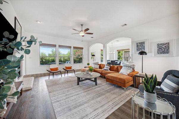 Dining room, Interior, Living room, Pendant Lights, Recessed Lighting, Wood Texture Flooring