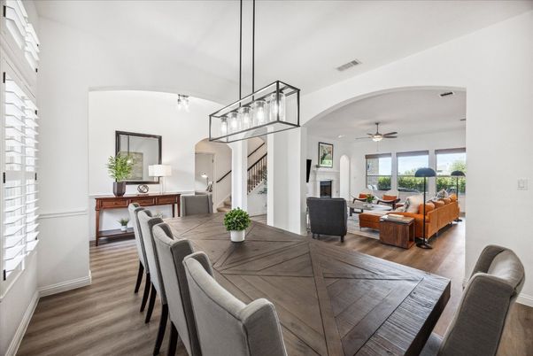Dining room, Fireplace, Interior, Living room, Pendant Lights, Wood Texture Flooring