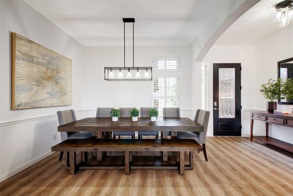 Dining room, Interior, Pendant Lights, Wood Texture Flooring