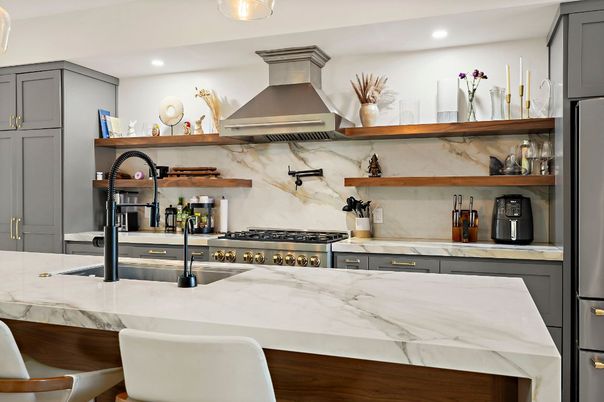 Interior, Kitchen, Marble Walls, Recessed Lighting, Stainless Steel Appliances