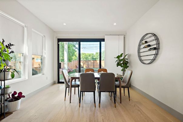 Dining room, Interior, Recessed Lighting, Wood Texture Flooring