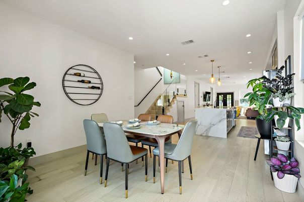 Dining room, Interior, Kitchen, Pendant Lights, Recessed Lighting, Wood Texture Flooring
