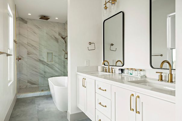 Bathroom, Dual Sink Vanities, Free Standing Baths, Glass Shower, Interior, Marble Walls, Recessed Lighting