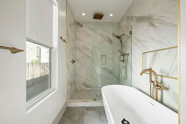Bathroom, Free Standing Baths, Glass Shower, Interior, Marble Walls, Recessed Lighting