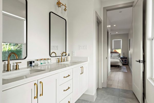 Bathroom, Bedroom, Dual Sink Vanities, Interior, Recessed Lighting, Wood Texture Flooring