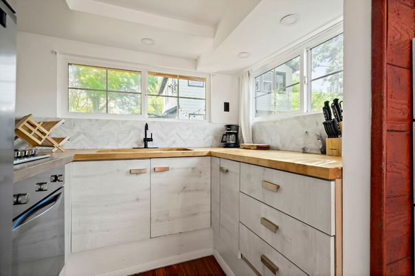 Interior, Kitchen, Marble Walls, Recessed Lighting, Wood Texture Flooring