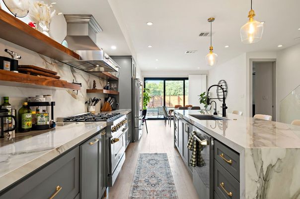 Interior, Kitchen, Pendant Lights, Recessed Lighting, Stainless Steel Appliances, Wood Texture Flooring