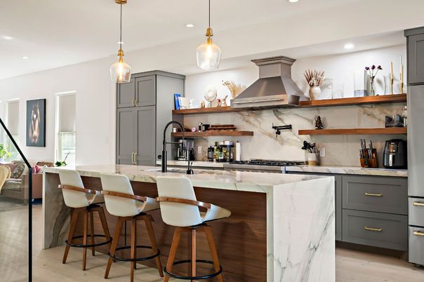 Interior, Kitchen, Marble Walls, Pendant Lights, Recessed Lighting, Stainless Steel Appliances, Wood Texture Flooring