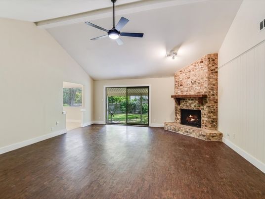 Empty room, Fireplace, Interior, Stone Walls, Wood Texture Flooring