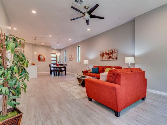 Dining room, Interior, Living room, Pendant Lights, Recessed Lighting, Wood Texture Flooring