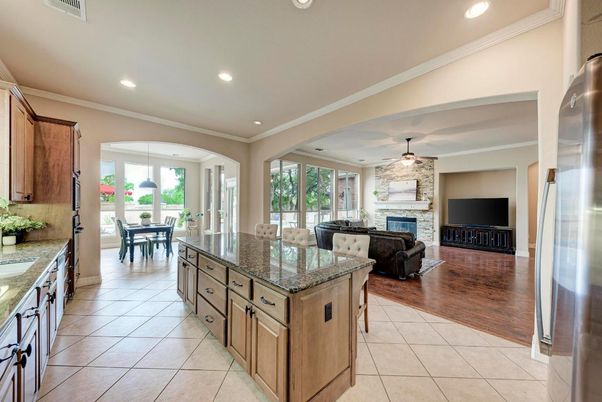 Dining room, Fireplace, Interior, Kitchen, Living room, Recessed Lighting, Wood Texture Flooring