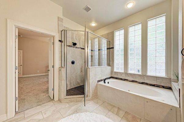 Bathroom, Glass Shower, Interior, Marble, Recessed Lighting