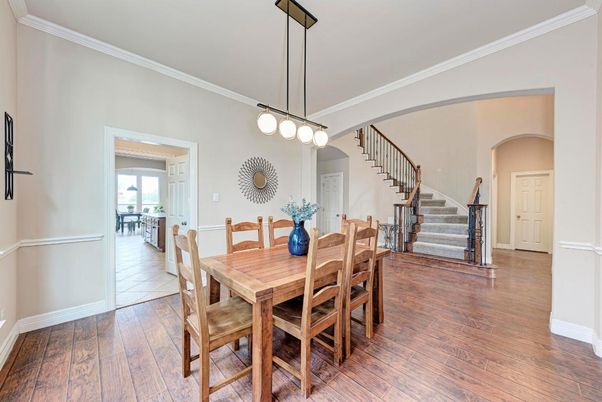 Dining room, Interior, Pendant Lights, Wood Texture Flooring