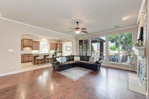 Fireplace, Interior, Kitchen, Living room, Recessed Lighting, Wood Texture Flooring