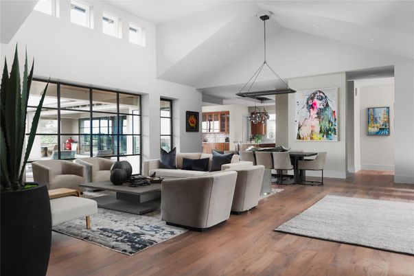 Dining room, Interior, Living room, Pendant Lights, Wood Texture Flooring
