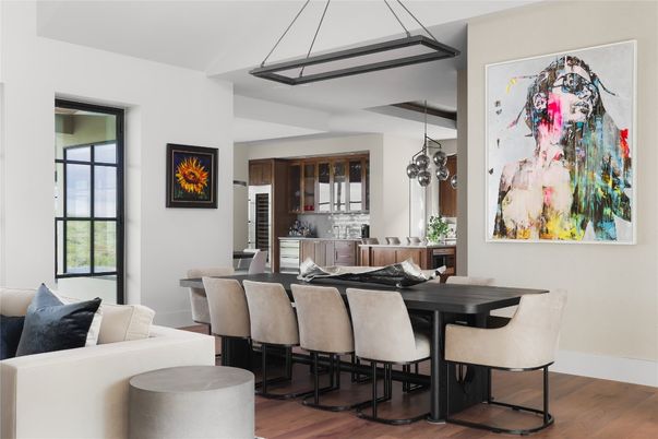 Dining room, Interior, Living room, Pendant Lights, Wood Texture Flooring